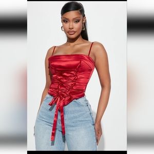 New with Tags Fashion Nova Red Satin Corset Top Lace Up Size XL